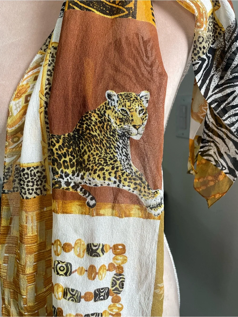 Leopard Print Silk Scarf in Gold, Brown & White, 12” X 60”